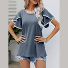 Women's Trendsi pom-pom flutter sleeve tee in gray, featuring stylish flutter sleeves and a relaxed fit