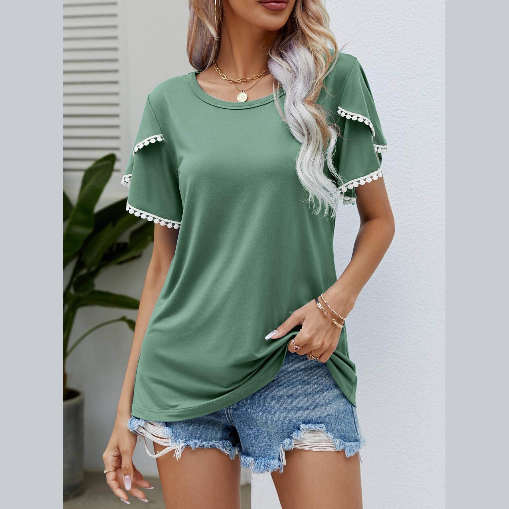 Trendsi Women's pom-pom flutter sleeve tee in green with decorative sleeves and relaxed fit