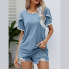 Trendsi women's pom-pom flutter sleeve tee in blue with decorative sleeves and relaxed fit