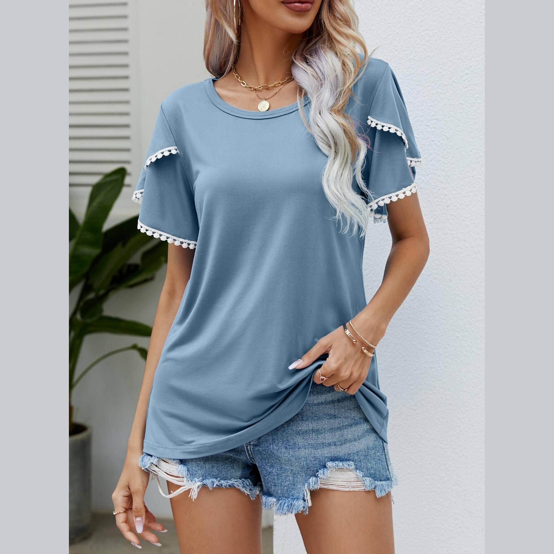 Trendsi women's pom-pom flutter sleeve tee in blue with decorative sleeves and relaxed fit