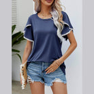 Trendsi Women's navy pom-pom flutter sleeve tee paired with denim shorts for a stylish summer look