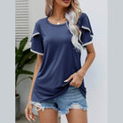 Navy blue women's pom-pom flutter sleeve tee with stylish trim and relaxed fit for casual wear