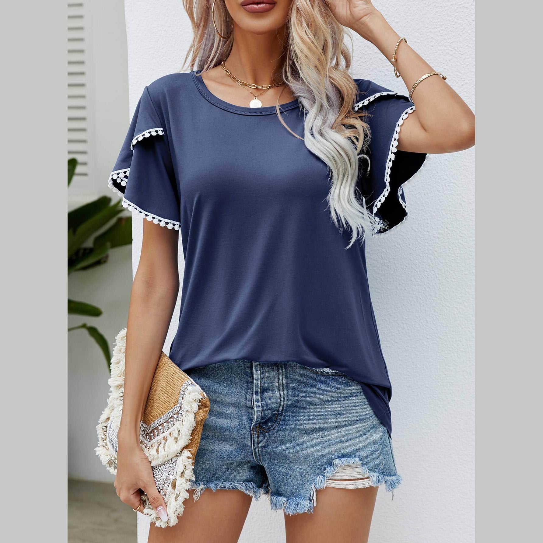 Trendsi Women's Pom-Pom Flutter Sleeve Tee in Navy with Stylish Design and Comfortable Fit
