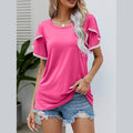 Trendsi Women's Pink Pom-Pom Flutter Sleeve Tee with Decorative Sleeves for Stylish Casual Wear