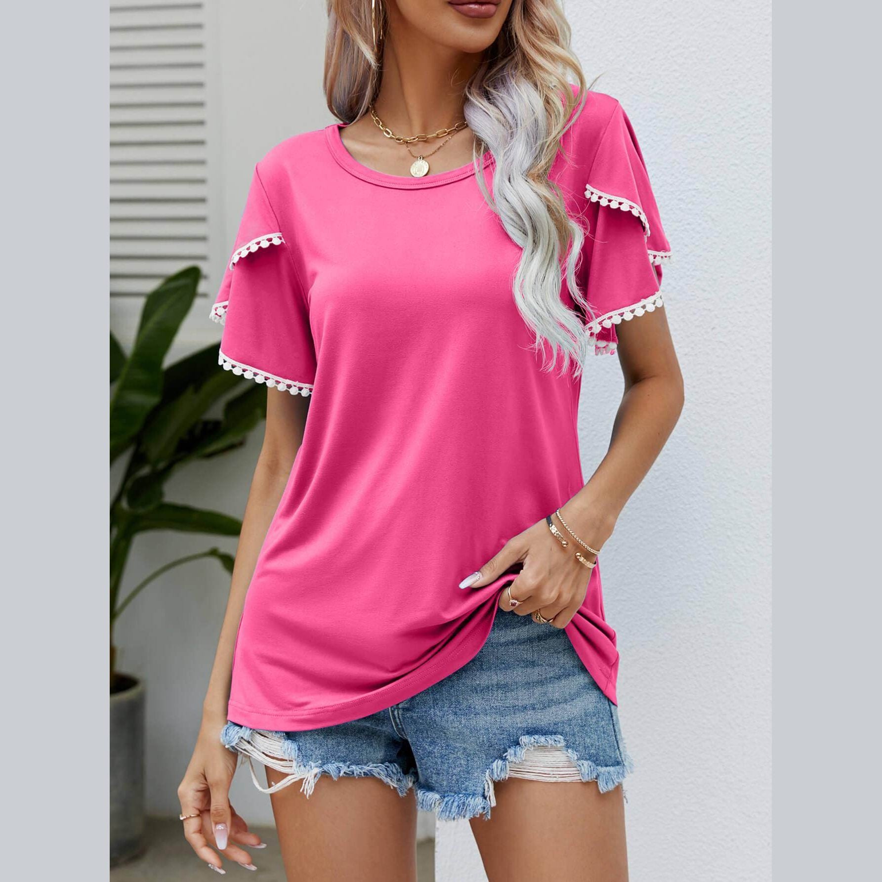 Trendsi Women's Pink Pom-Pom Flutter Sleeve Tee with Decorative Sleeves for Stylish Casual Wear