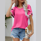Trendsi Women's Pink Pom-Pom Flutter Sleeve Tee for a Stylish Summer Look