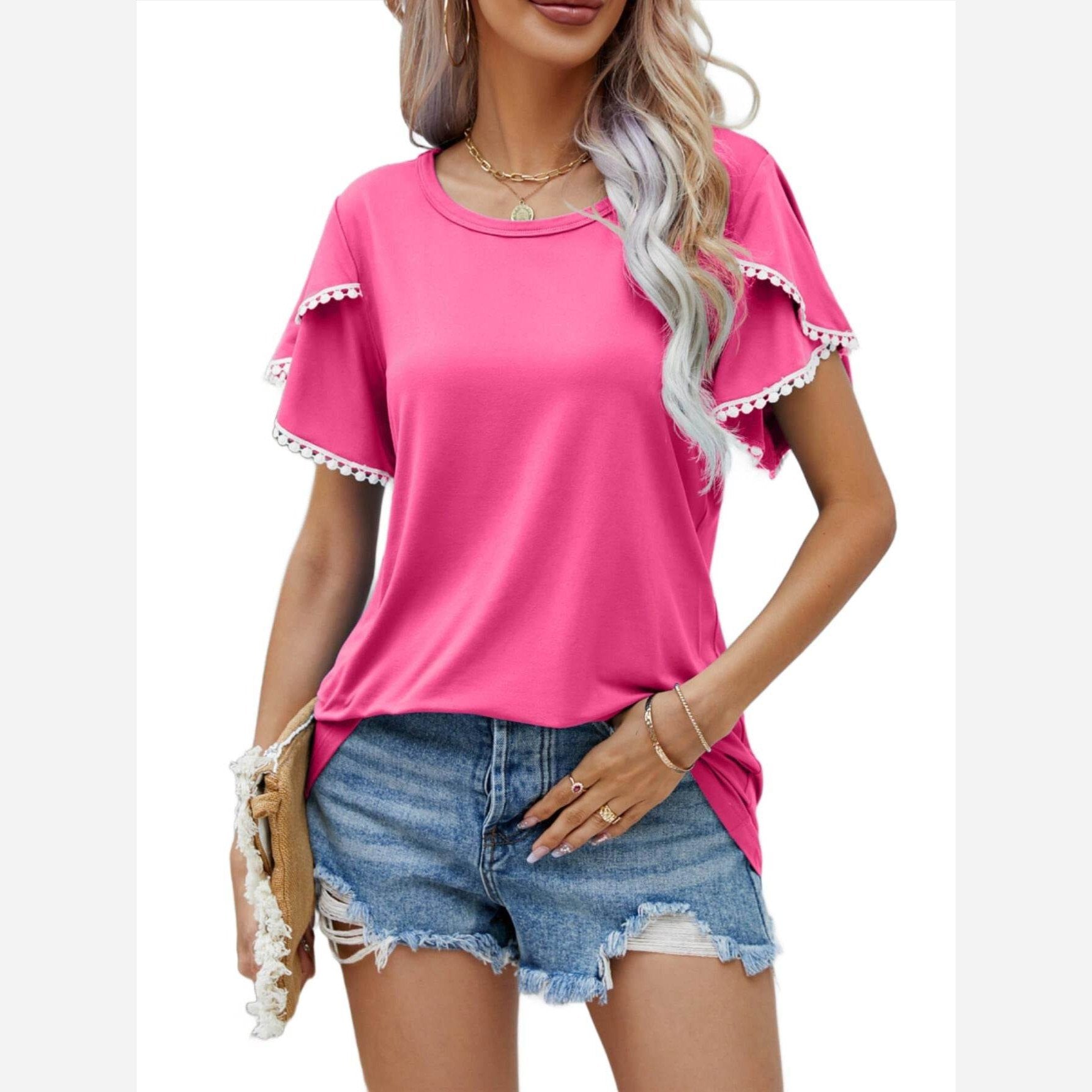 Trendsi Women's Pink Pom-Pom Flutter Sleeve Tee for a Stylish Casual Look