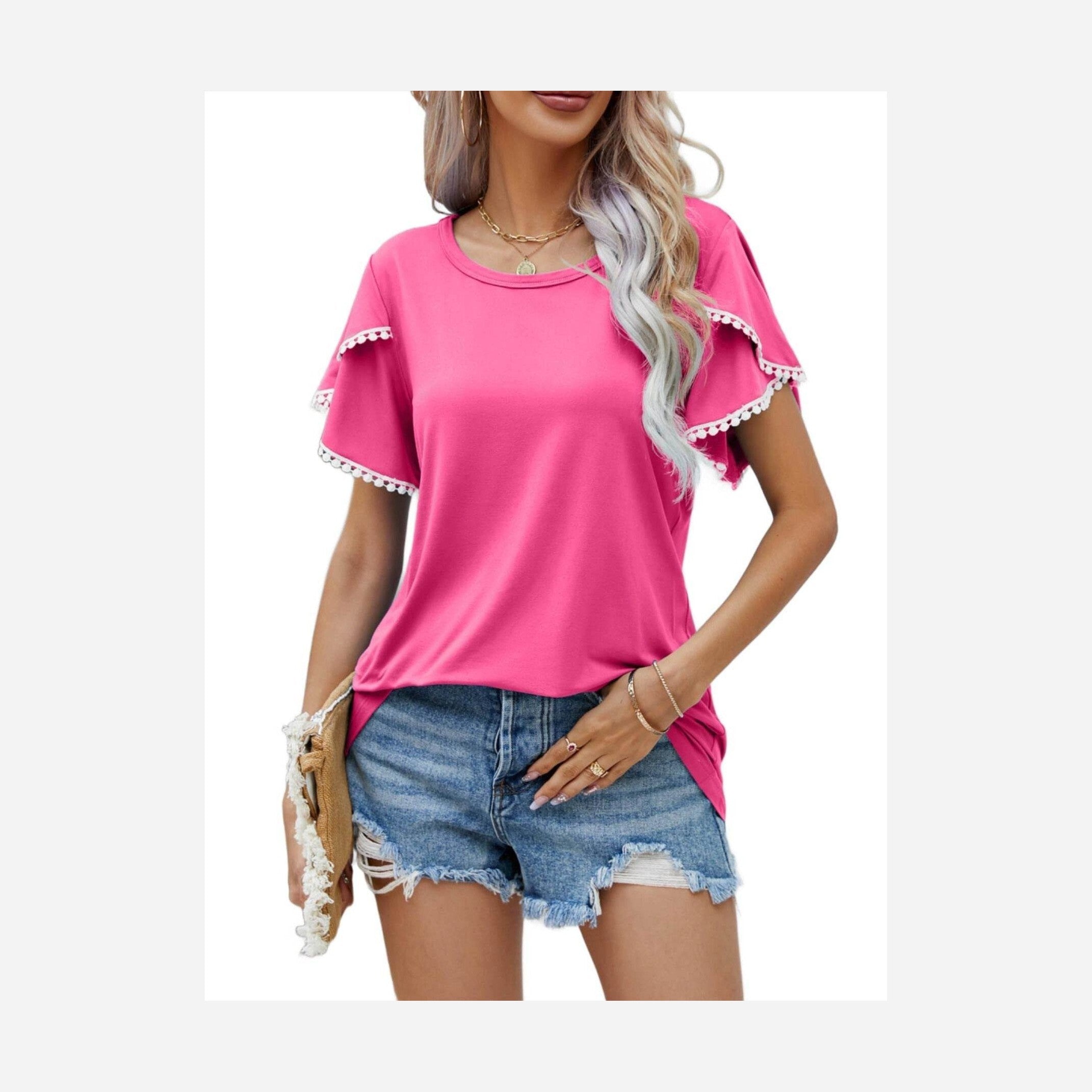 Trendsi Women's Pink Pom-Pom Flutter Sleeve Tee for a Stylish Casual Look