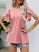Women's Shirts Pom-Pom Trim Flutter Sleeve Round Neck Tee