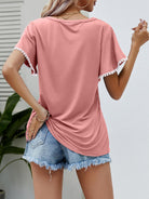 Women's Shirts Pom-Pom Trim Flutter Sleeve Round Neck Tee