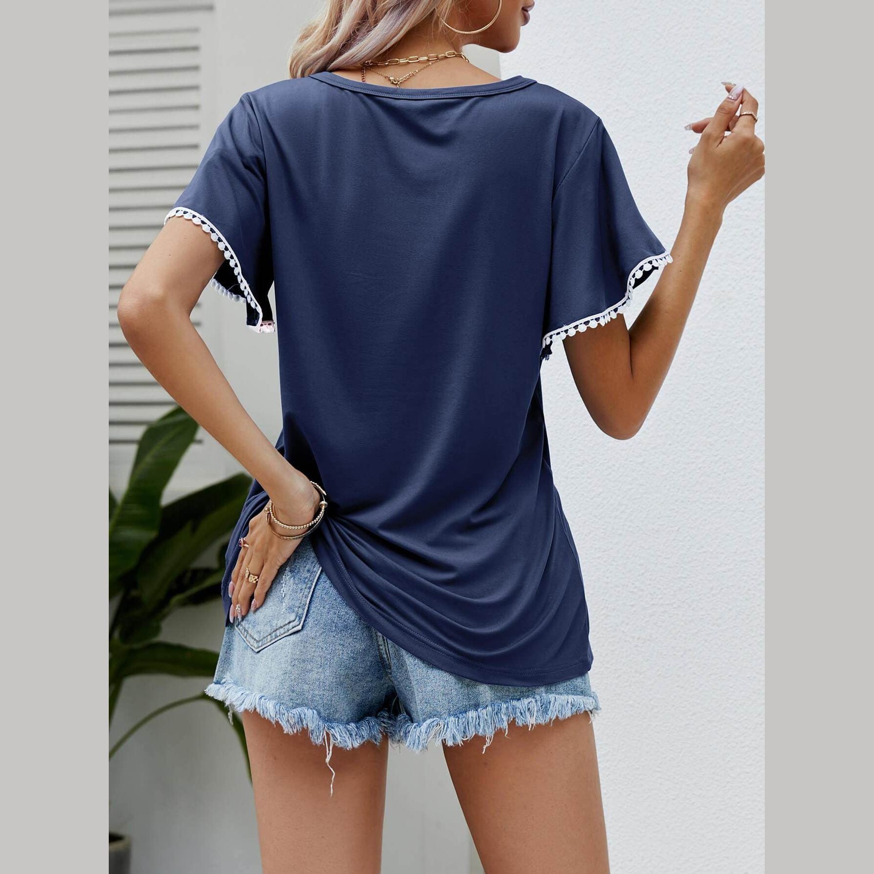 Pom-Pom Trim Flutter Sleeve Round Neck Tee - VacationGrabs
