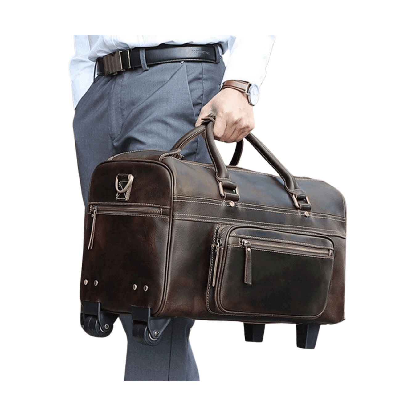 Premium leather wheeled duffel bag with sturdy handles for easy transport and stylish travel