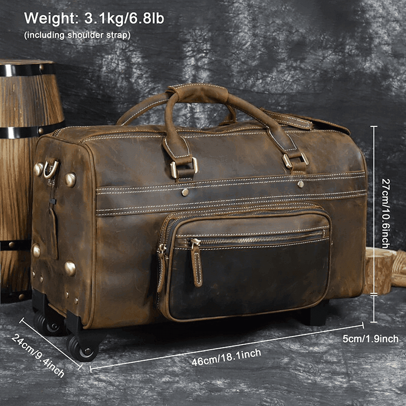 Premium leather wheeled duffel bag with sturdy wheels and spacious interior for travel enthusiasts