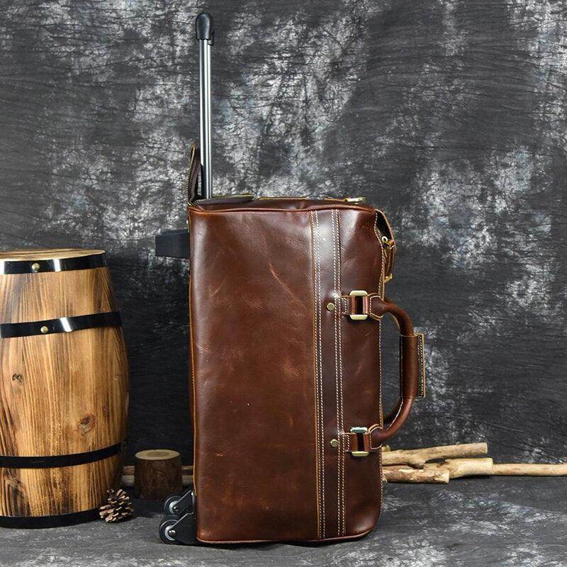 Premium leather wheeled duffel bag with a stylish design and durable construction for travel enthusiasts