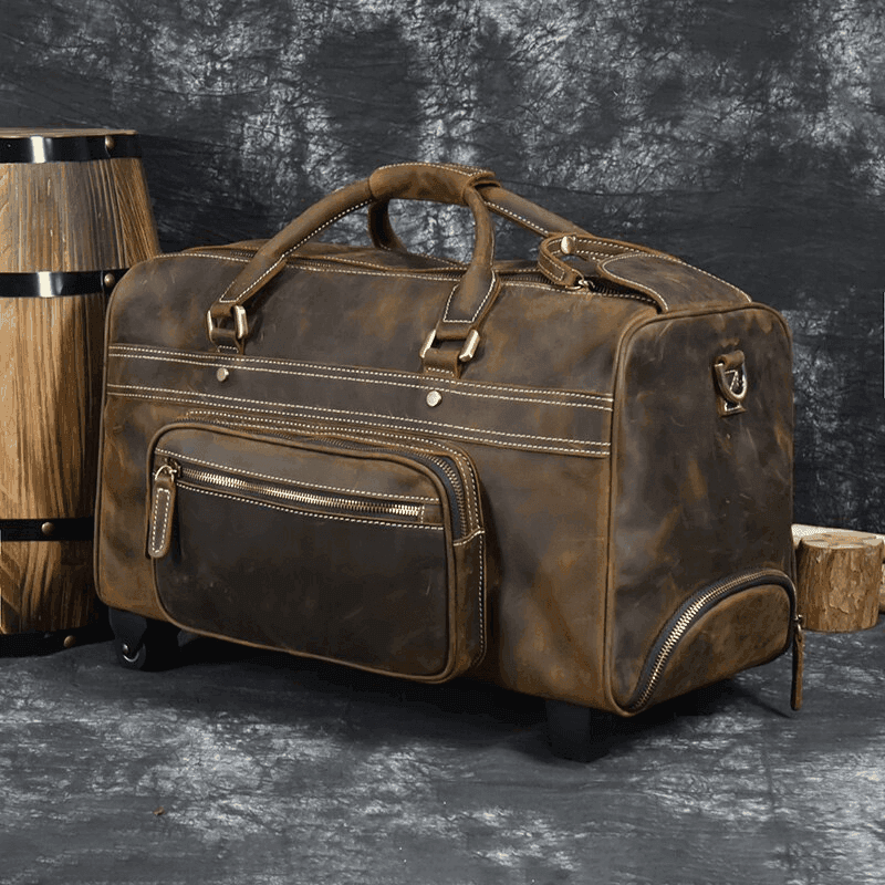 Premium leather wheeled duffel bag with sturdy handles and pockets for easy travel