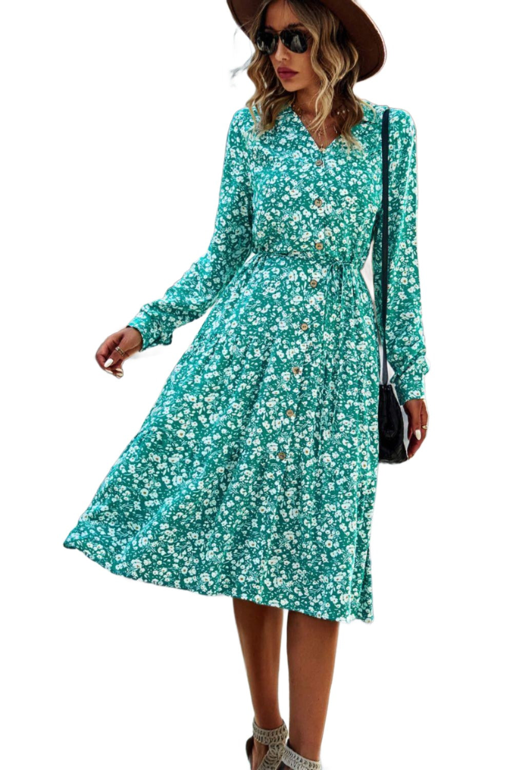 Women's Dresses Printed Button Front Belted Tiered Shirt Dress