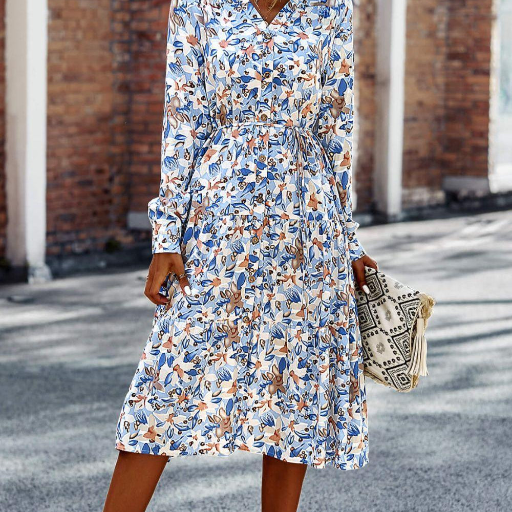 Women's Dresses Printed Button Front Belted Tiered Shirt Dress