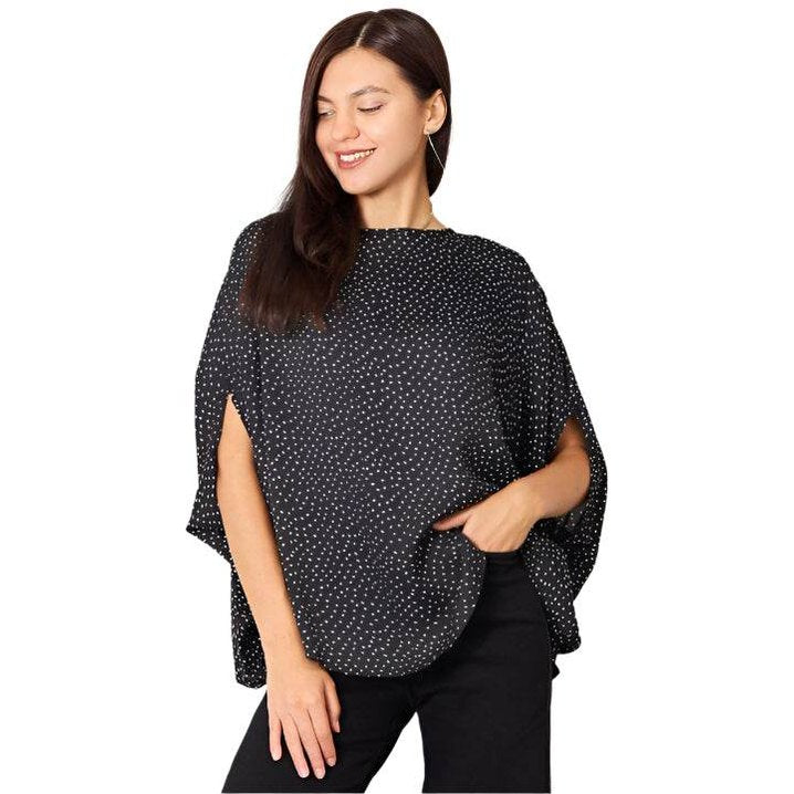 Trendsi women's printed round neck top in black with white polka dots for a stylish casual look