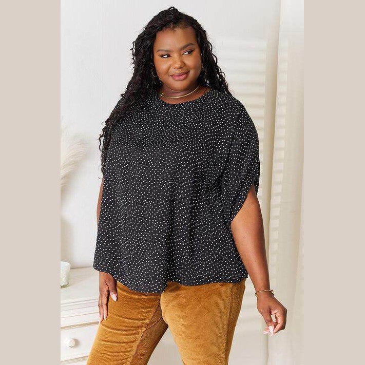 Trendsi Women's Printed Round Neck Top in Black with White Polka Dots for Casual Wear
