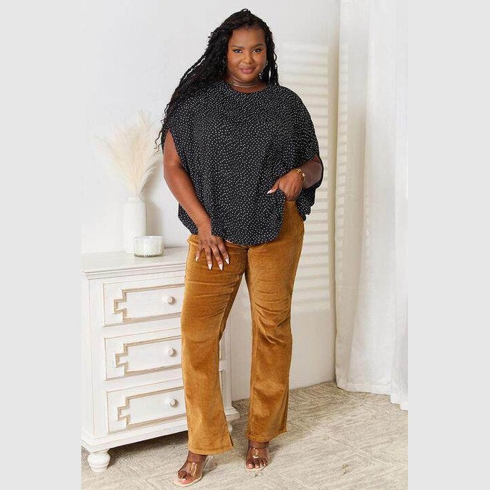 Trendsi Women's Printed Round Neck Top in black with white polka dots, paired with comfortable pants