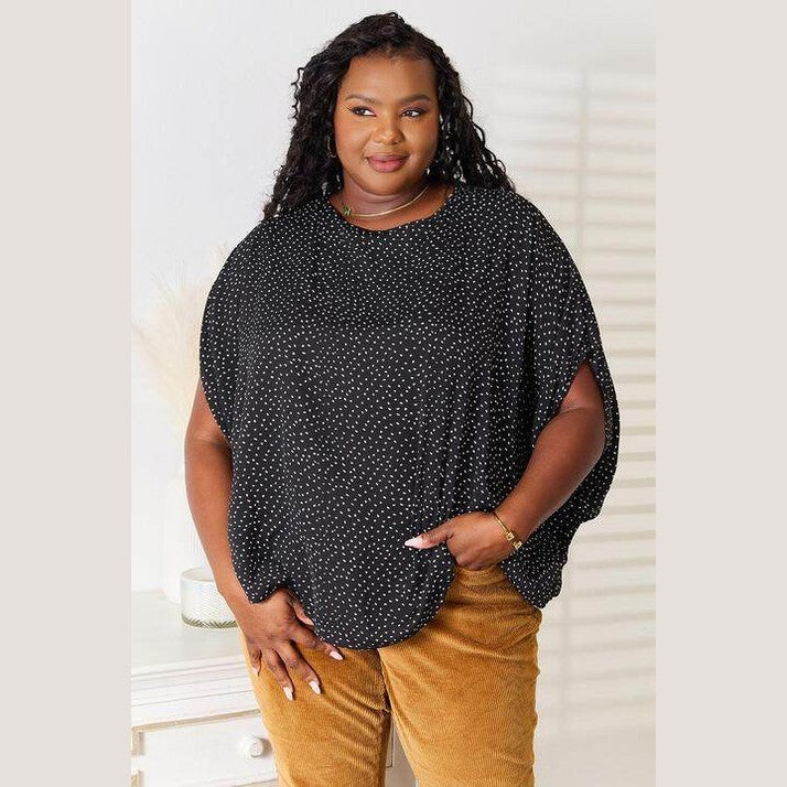 Trendsi women's printed round neck top in black with polka dots, perfect for casual wear