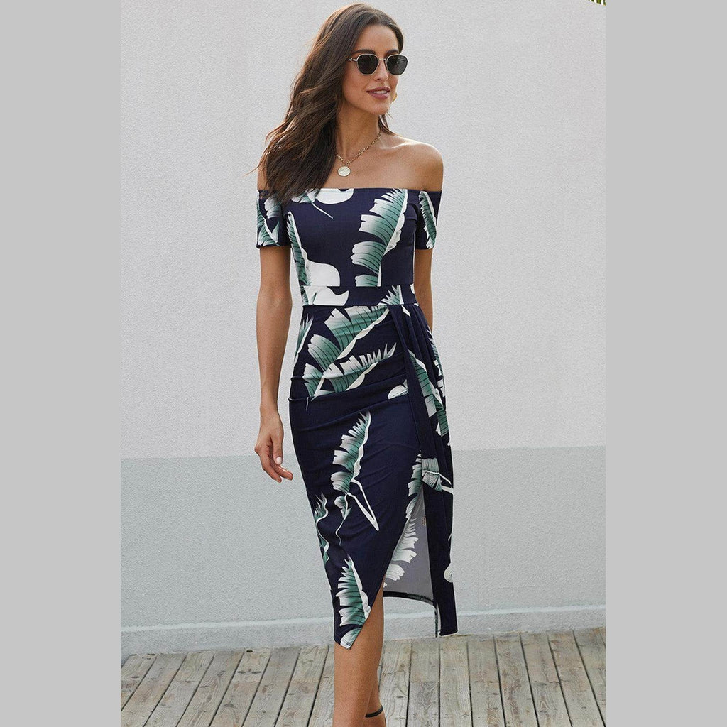 Trendsi printed split maxi dress with off-the-shoulder design and tropical leaf print