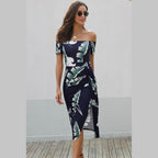 Trendsi printed split maxi dress with off-the-shoulder design and tropical leaf print