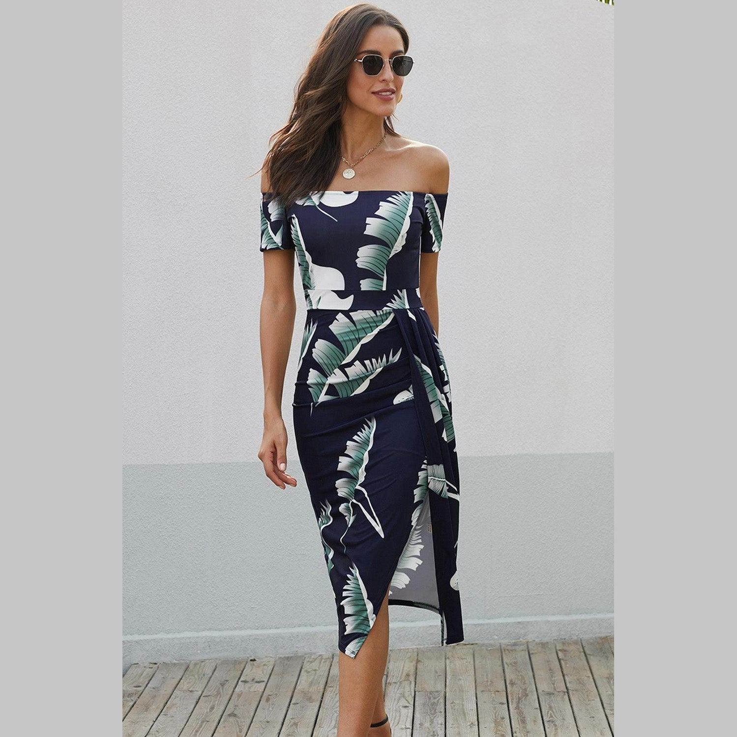 Trendsi printed split maxi dress with off-the-shoulder design and tropical leaf print