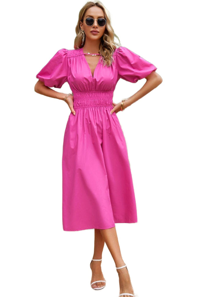 Women's Dresses Puff Sleeve Smocked Waist Midi Dress