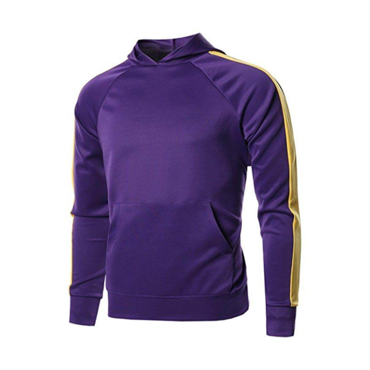 Purple pullover hoodie jacket for men with yellow side stripes and front pocket from VacationGrabs