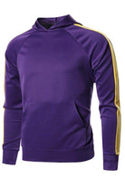 Purple pullover hoodie jacket for men with yellow side stripes and front pocket from VacationGrabs