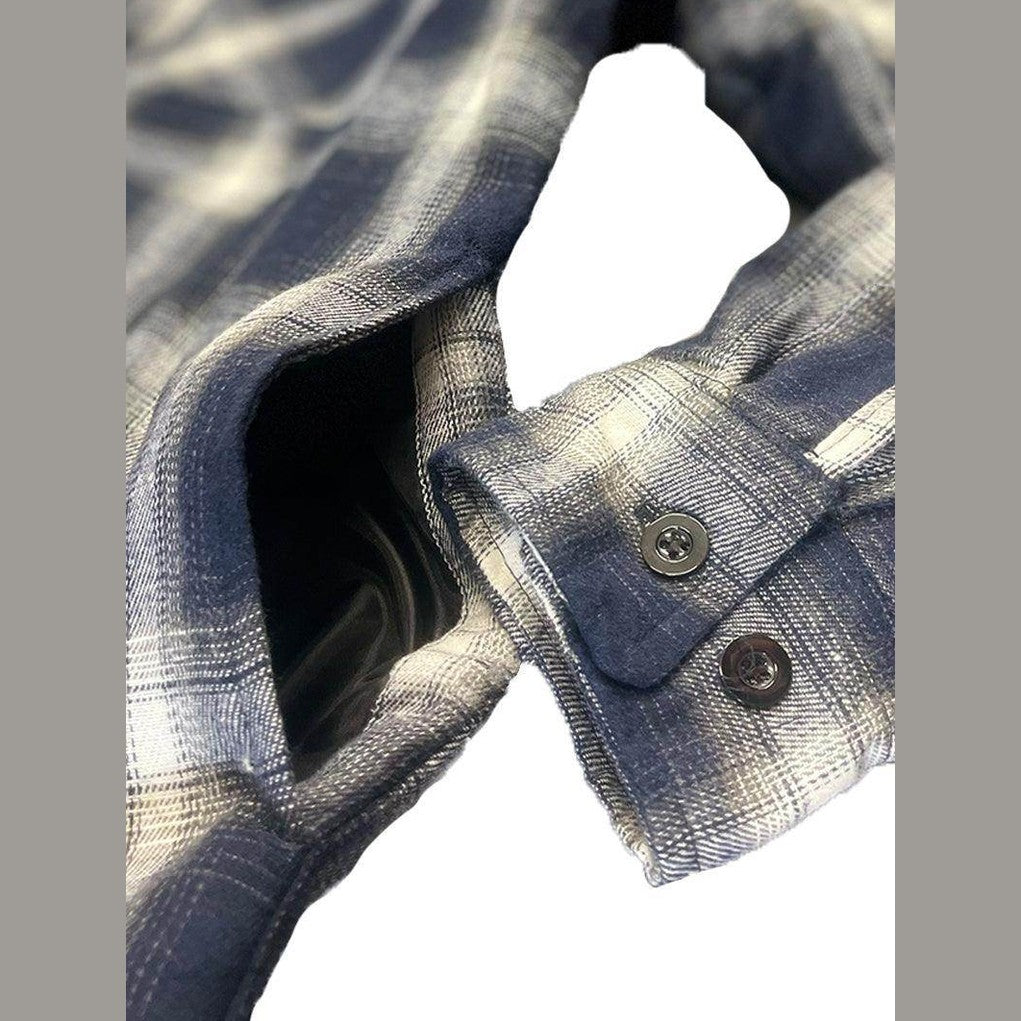 Close-up of VacationGrabs quilted flannel shirt showing button detail and fabric texture