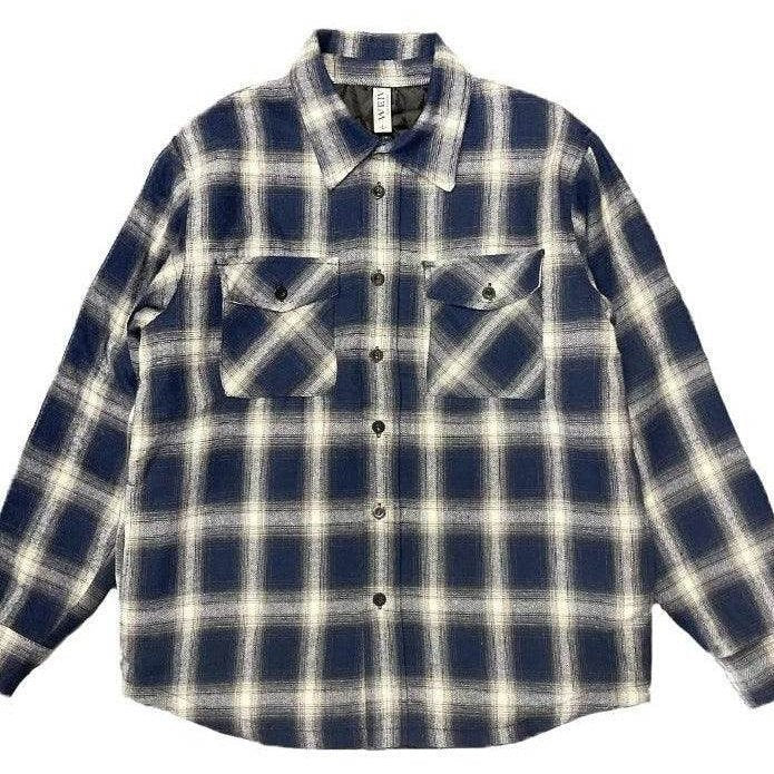 Navy and white checked quilted flannel shirt by VacationGrabs with two front pockets