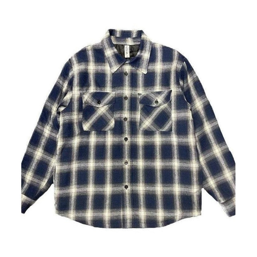 Navy and white checked quilted flannel shirt by VacationGrabs with two front pockets