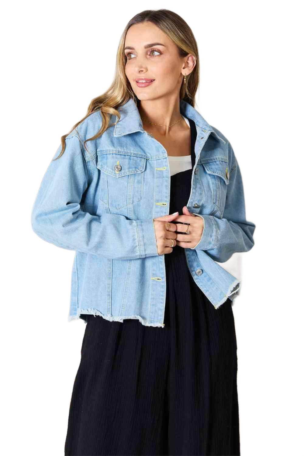 Trendsi raw hem denim jacket for women featuring a stylish cropped fit and classic design