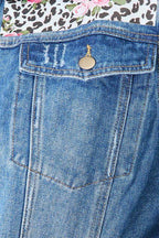 Trendsi Raw Hem Jean Jacket in Blue with Stylish Leopard and Floral Back Panel Design