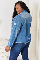 Trendsi Women's Raw Hem Jean Jacket in Blue with Distressed Details and Relaxed Fit