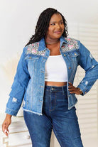 Trendsi Women's Raw Hem Jean Jacket with Floral and Leopard Print Details for Casual Style