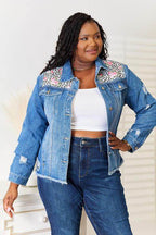 Trendsi Women's Raw Hem Jean Jacket with Floral and Leopard Print Details for Casual Style
