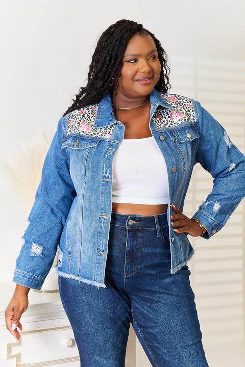 Trendsi Women's Raw Hem Jean Jacket with Floral and Leopard Print Details for Casual Style