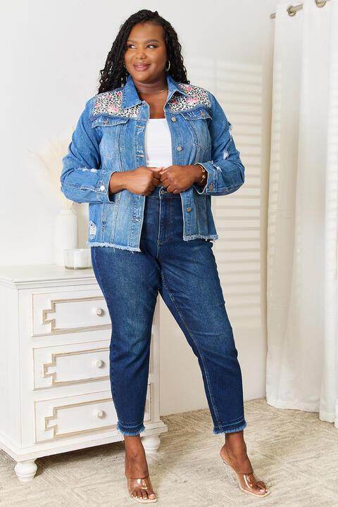 Trendsi Raw Hem Jean Jacket with Decorative Bead Accents for Women in a Stylish Casual Outfit