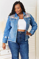 Trendsi Women's Raw Hem Jean Jacket with Colorful Embroidery and Distressed Details