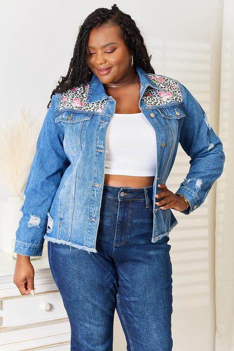 Trendsi Women's Raw Hem Jean Jacket with Colorful Embroidery and Distressed Details