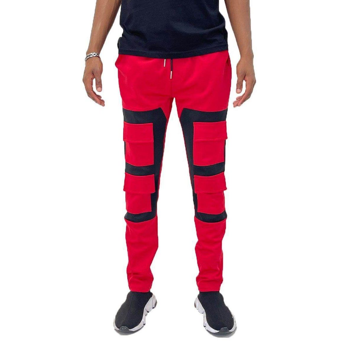 Red black cargo track pants for men featuring multiple pockets and a stylish design