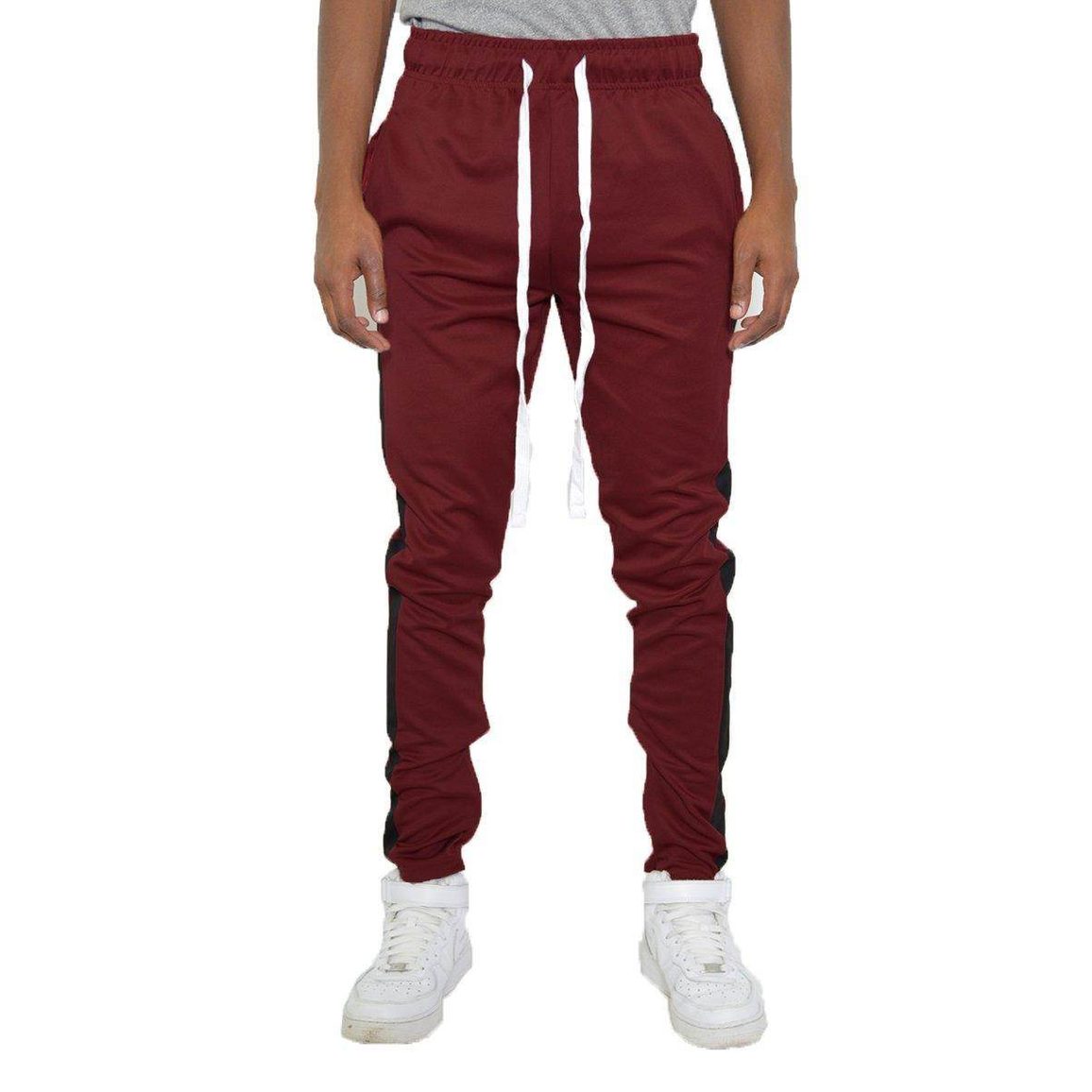 Red black jogger pants for men featuring a comfortable fit and stylish design with elastic waistband