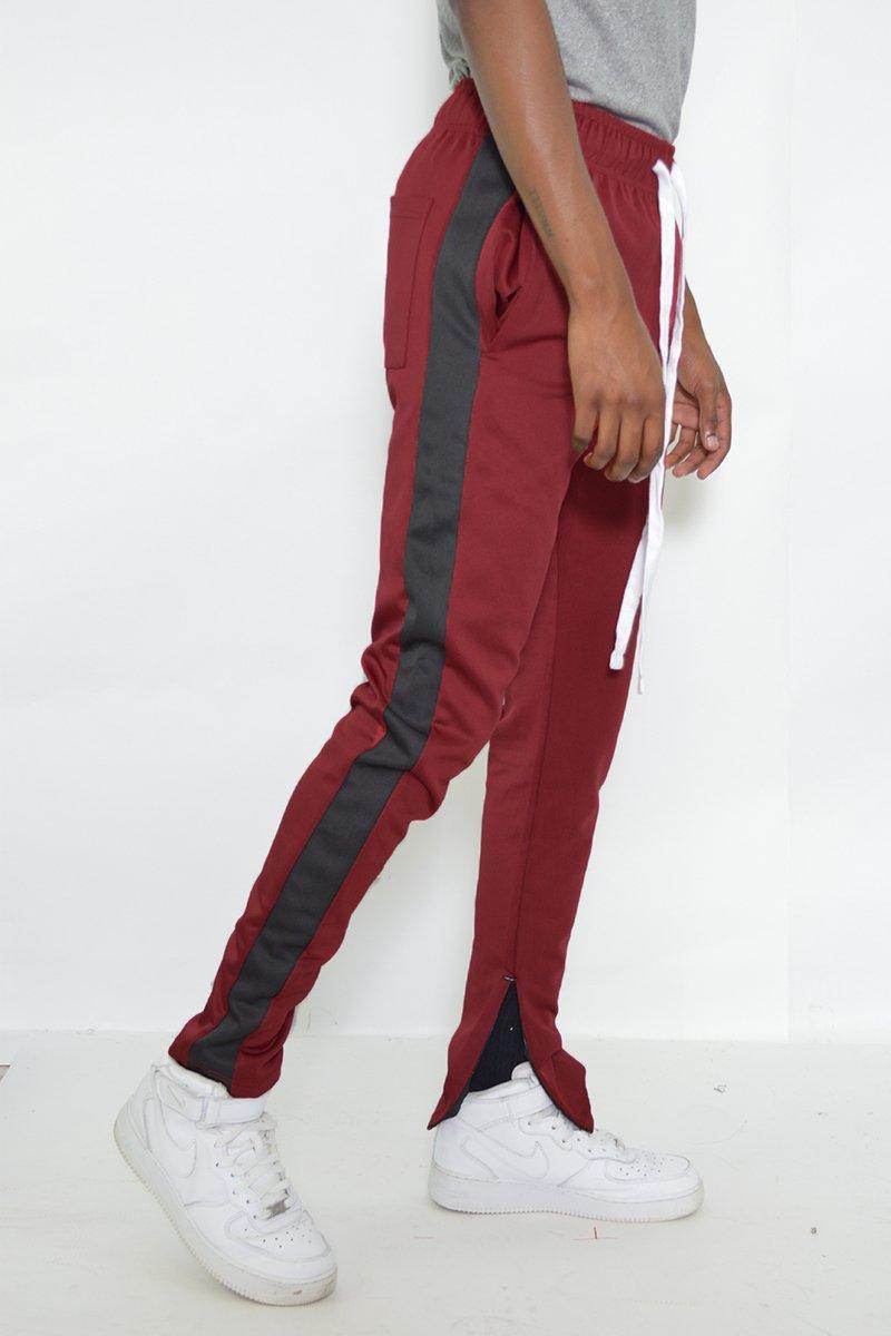Red black jogger pants for men with side stripes and elastic waistband for comfortable fit