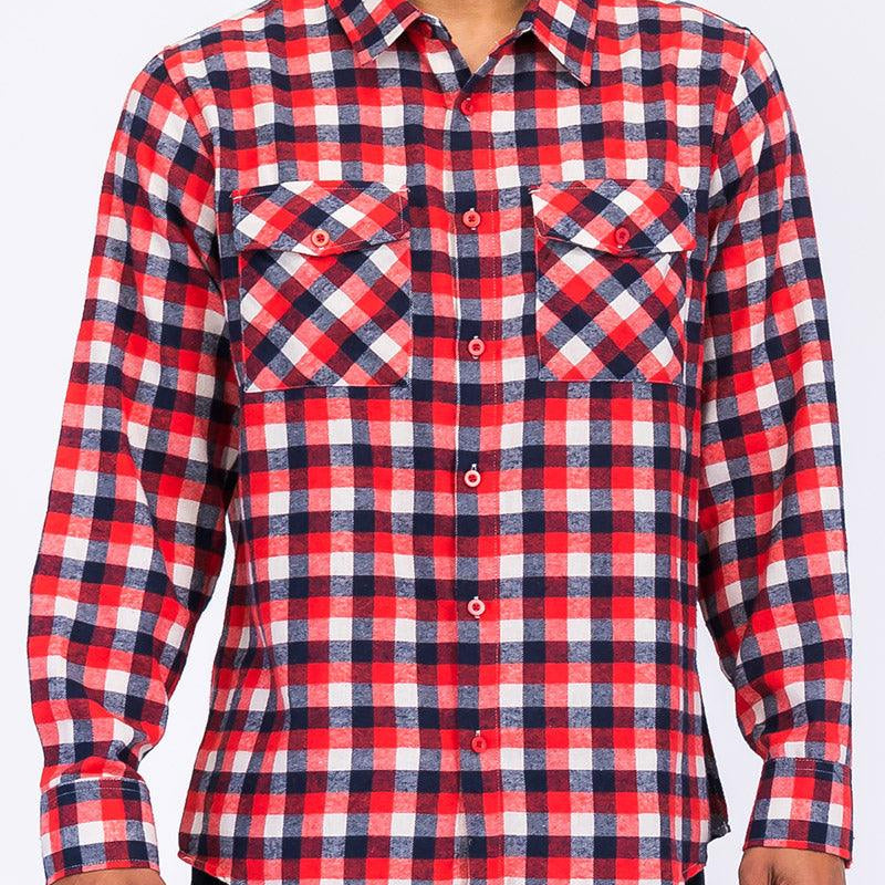 Men's Shirts - Flannels Red Blue Plaid Flannel Shirt Button Down Long Sleeve