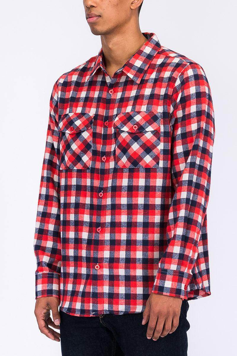 Red Blue Plaid Flannel Shirt Button Down Long Sleeve - VacationGrabs