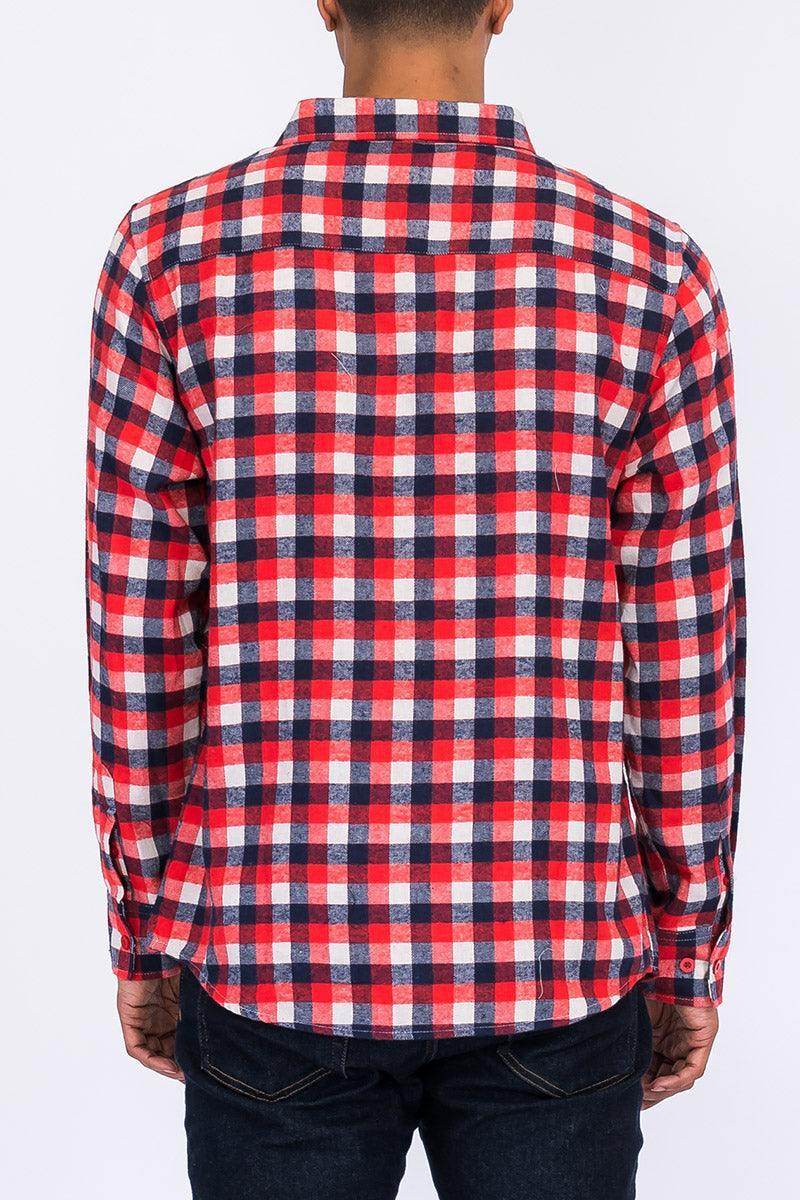 Red Blue Plaid Flannel Shirt Button Down Long Sleeve - VacationGrabs