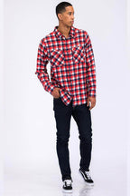 Red Blue Plaid Flannel Shirt Button Down Long Sleeve - VacationGrabs